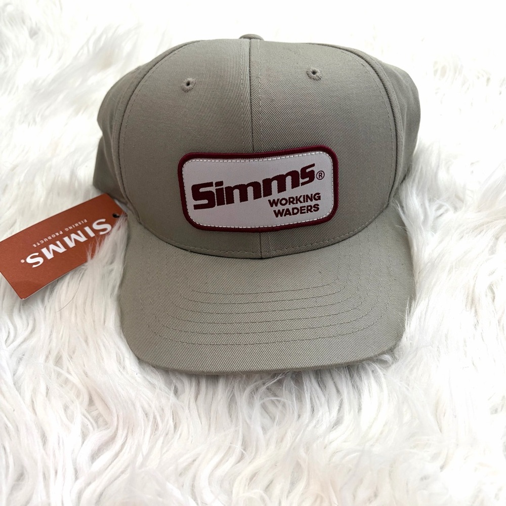 SIMMS Working Waders Fishing Snapback Hat Cap Khaki Crimson Letters NWT
